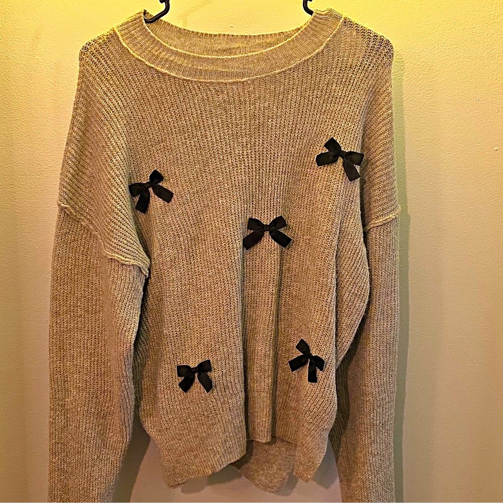 Pink Rose Women's Gray Knit Crew Neck Bow Long Sleeve Pullover Sweater M #75